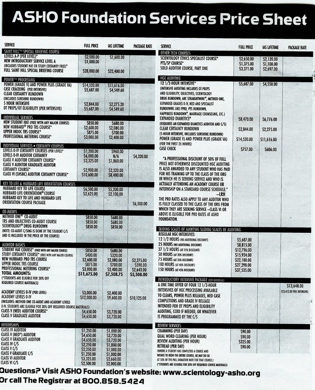 ASHO Foundation Services Price Sheet